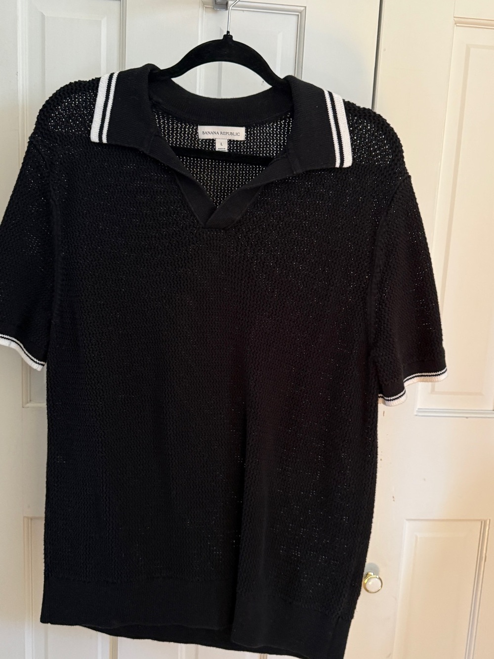 Banana Republic Black Knit Polo with White Stripe Trim